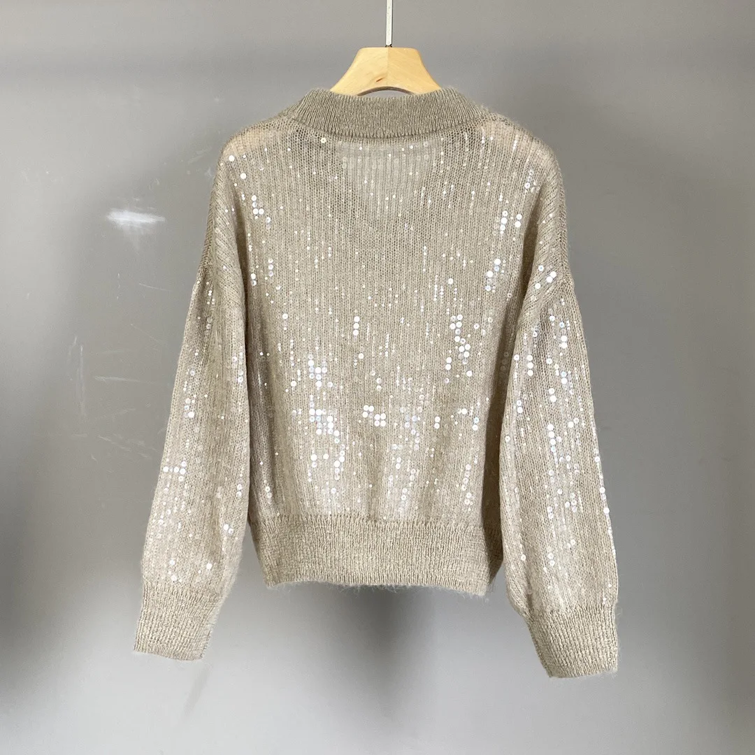 

Women's Autumn and Winter New Sequin V-neck Blended Pullover Top All-match Fashion