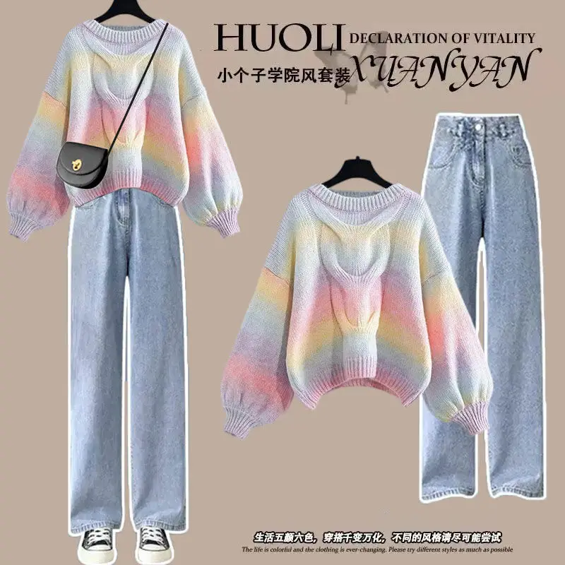 Korean Feng Shui Ripple Knitted Sweater Pullover Loose Jeans Two Piece Fashion Girl Student Sports Set Tracksuit Pants Set