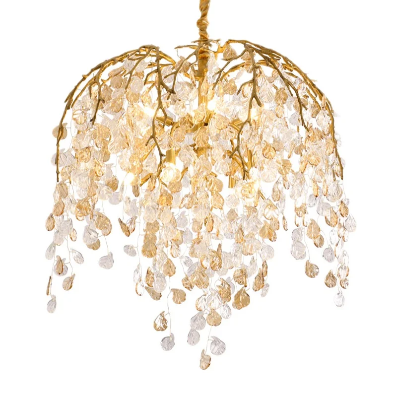 

Light luxury all copper leaf glass dining room chandelier round luxury villa living room designer art high-end lamps