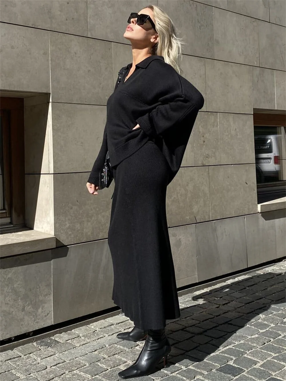 Elegant Solid Knitted Sweater and Long Skirt Set for Women Autumn Winter V-neck Long Sleeve Loose Pullover Skirt Lady Suit