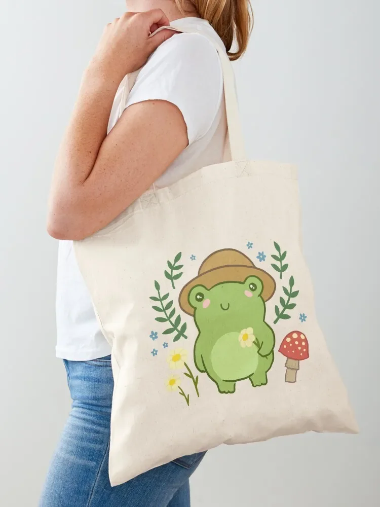 Kawaii Aesthetic Green Frog with Gardener Hat: Funny Cottagecore Froggy, Nature Illustration with Mushroom Flower Bloss Tote Bag