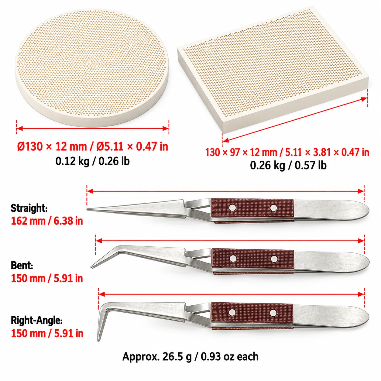 TOOLTOS 5PCS Jewelry Soldering Kit Honeycomb Ceramic Boards Self Closing Tweezers Straight Bent Right Angle for Jewelry Repair