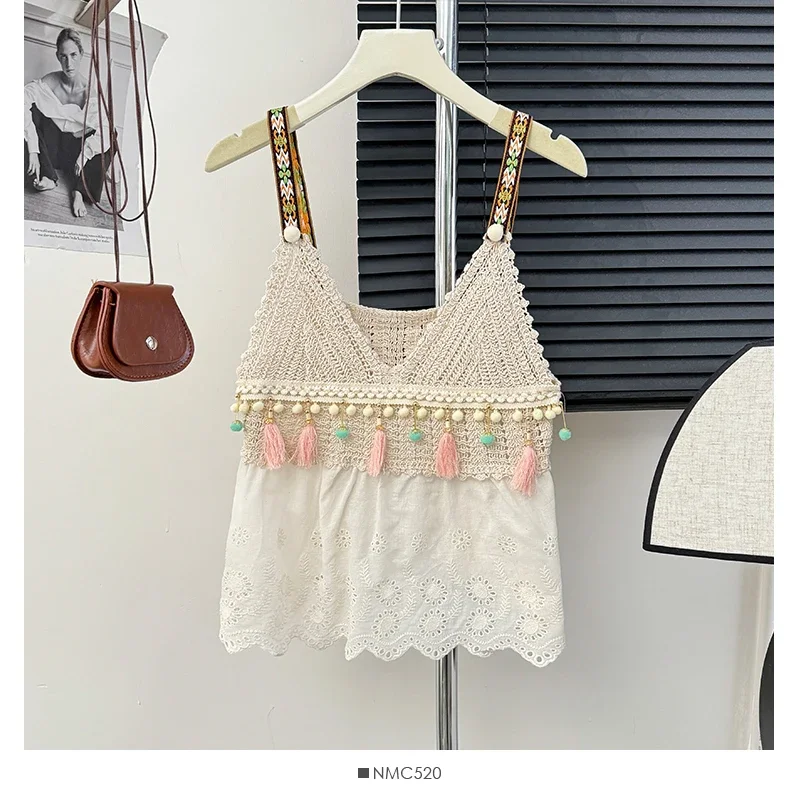 Tassels Three-dimensional Decoration Tank Crop Top Women Ethnic Style Knitted Hollow Out De Tricô Femenino Summer Dropshipping