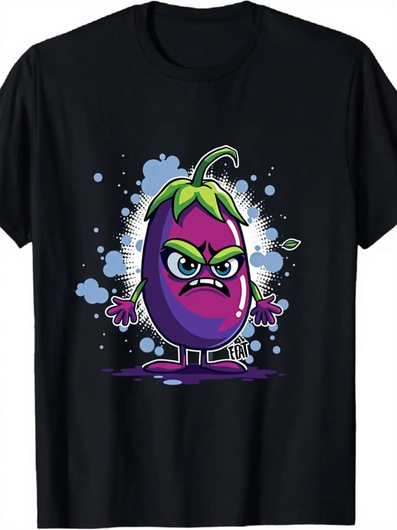 Funny Men's Black Graphic T-Shirt Angry Eggplant Cartoon Character Blue Splash Illustration Bold Typography 100% Cotton Heavyweight Short Sleeve Casual Streetwear Tee