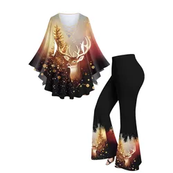 XS-6X Women's Matching Set Graphic T-shirt And Flare Pants Christmas Tree Elk Printed Crisscross Tee Colorblock Trousers Outfit