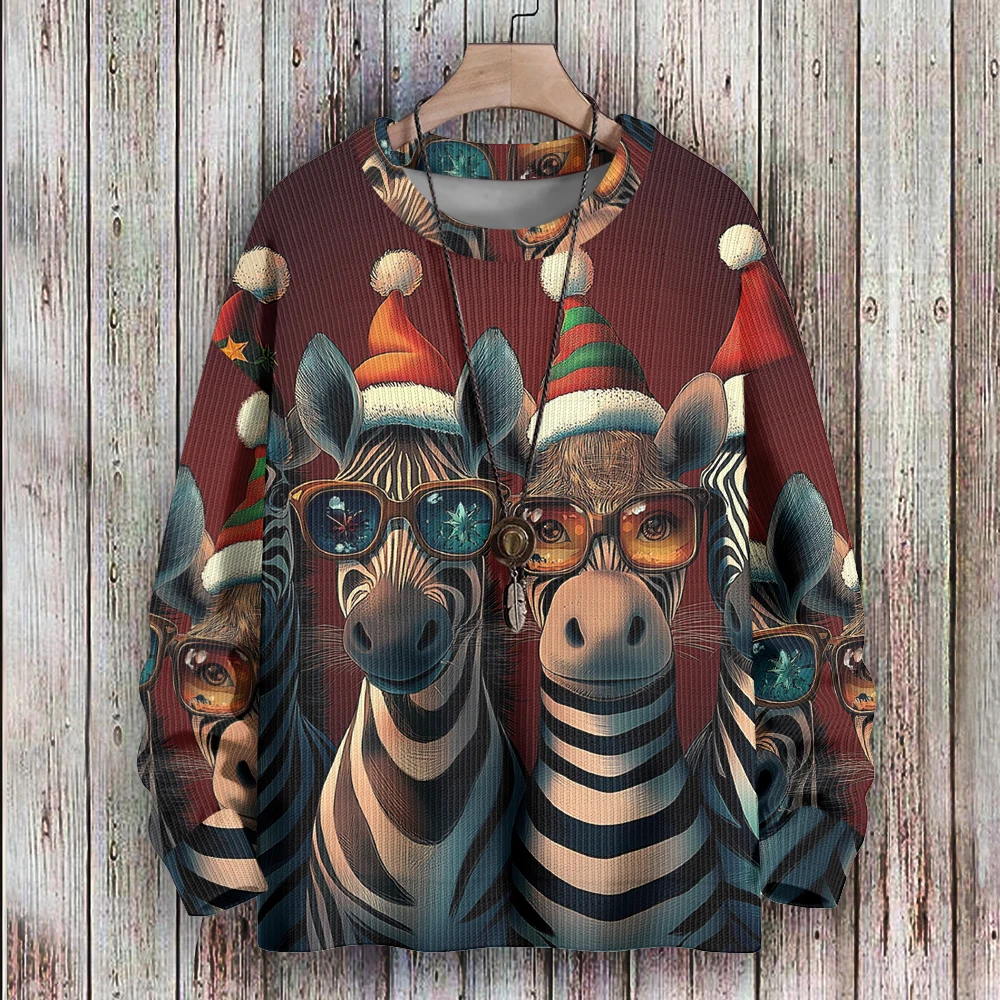 Cute Zebra Wearing Santa Hat Print Sweatshirt Harajuku Hip Hop Streetwear Winter Oversized Hoodie Pullover Couple Sportswear