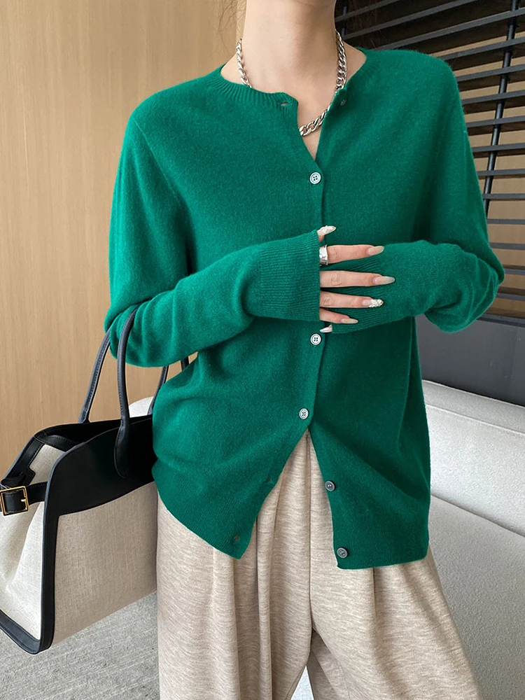 [LANMREM] Knitting Cardigan Sweater For Womrn Solid Round Neck Long Sleeve Office Lady Fit Fashion Top 2024 Autumn New 26C182