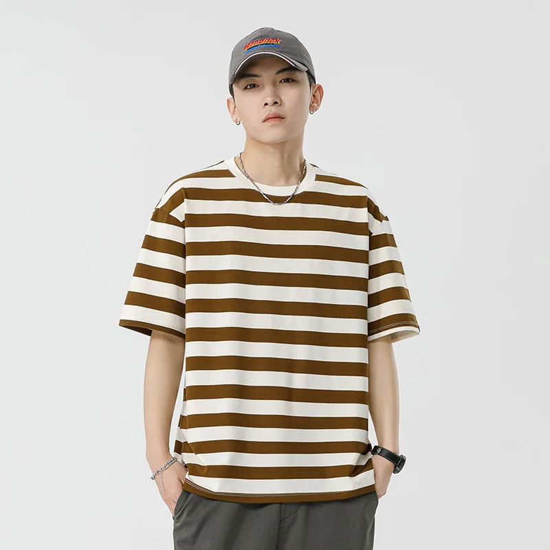 2024 New Summer Stripe T-Shirt Round Neck Short Fashion Brand Instagram Small And Medium Sleeved Loose Casual Top Men's