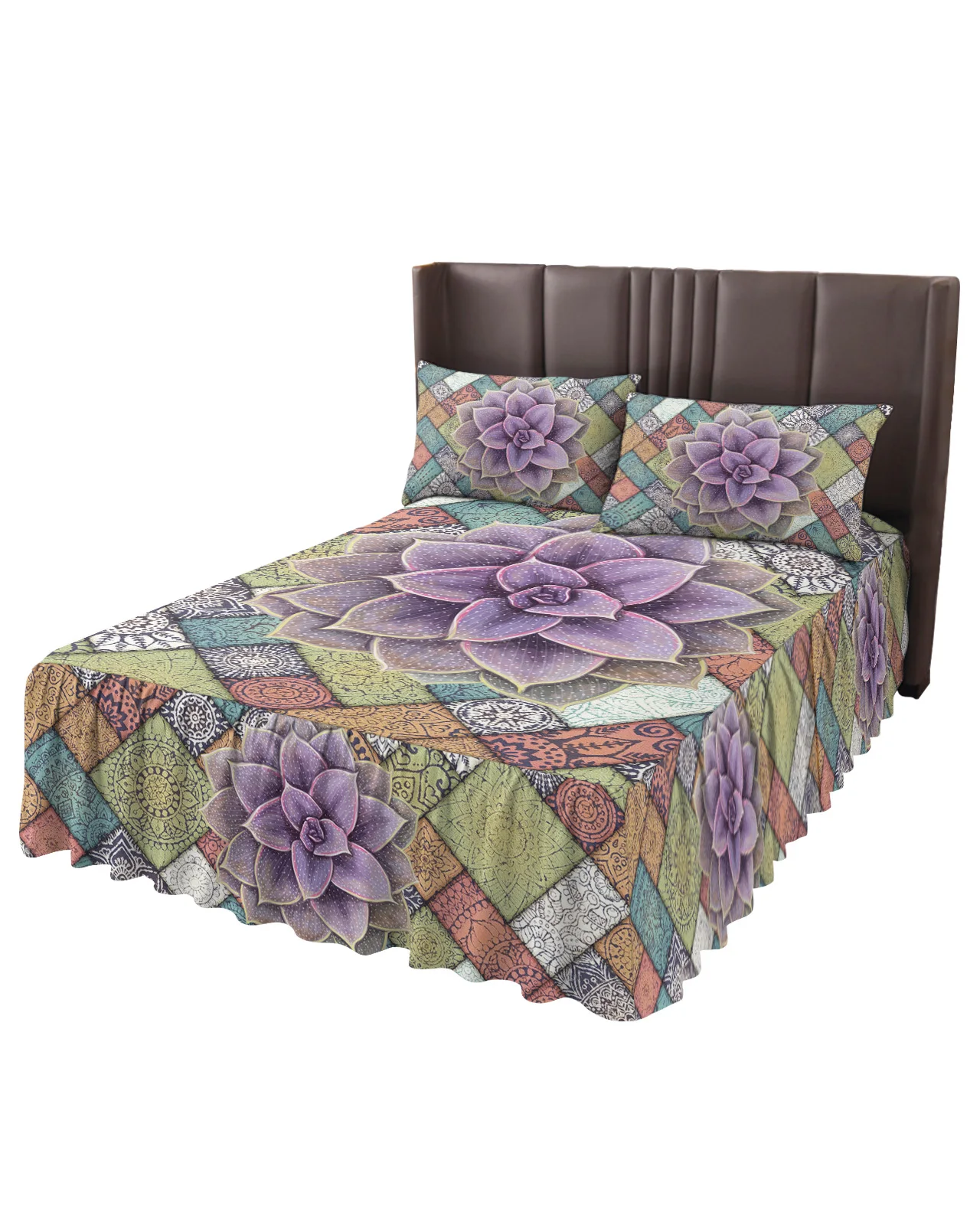 Tropical Succulents Mandala Skirt Elastic Fitted Bedspread With Pillowcases Mattress Cover Bedding Set Bed Sheet