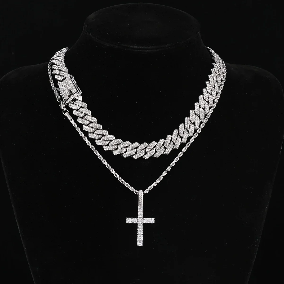 3pc Stainless Steel Men's Cross Necklace, Layered Cuban Chain for Women and Boys