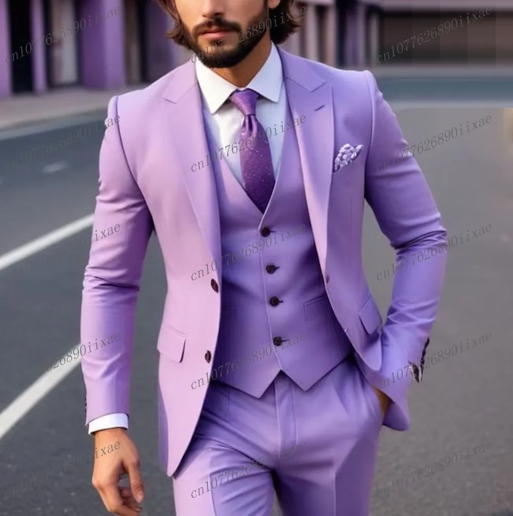 High Quality Light Purple Men Suit Groom Groomsman Wedding Party Prom Business Formal Male Tuxedos 3 Piece Set Blazer Vest Pants