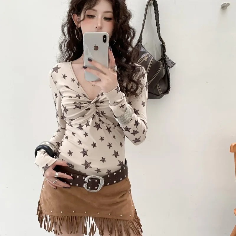 Retro Spicy Girl Leopard Print Star Print Knot V-Neck Long Sleeve T-Shirt Slimming Top for Ladies Autumn New Style Polyester ...