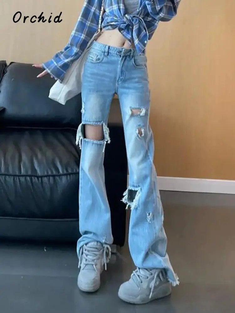 

Y2K Harajuku Wide Leg High Waist Flared Jeans 2024 Summer Streetwear Ripped Pants Women's Vintage Light Blue Denim Trouser