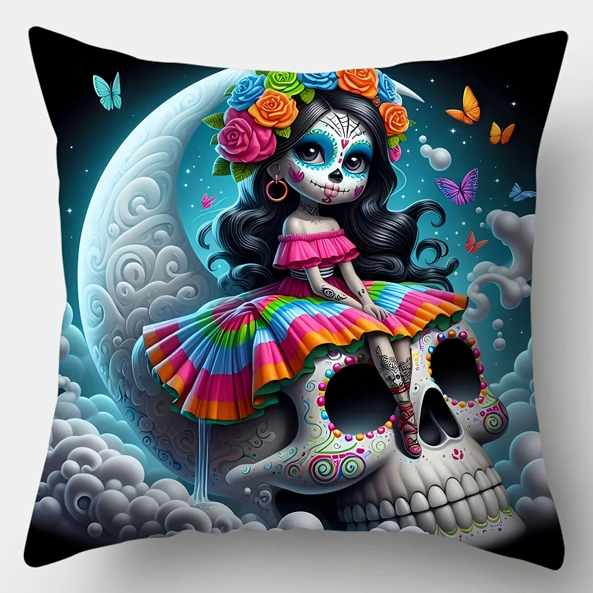Set of 4 Pillow Covers, Day of The Dead Skull Mask Girl And Colorful Skull Patterns, Single‑Sided Print, Zipper Closure, Polyest