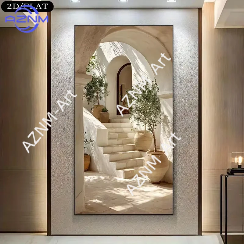 2D Flacher Großer Rahmenloser Mediterraner Leinwand-Wanddruck - 27,5x15,51 Zoll Moderne Beige und Weiße Griechische Insel-Landschaft