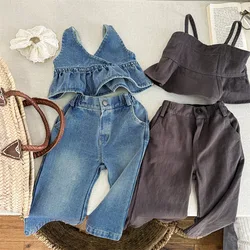 Spring New Children Sleeveless Clothes Set Solid Girls Denim Vest + Flared Pants 2pcs Suit Kids Fashion Casual Jeans Outfits