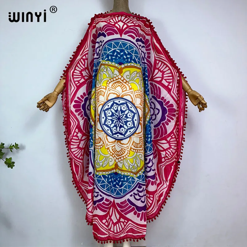 WINYI summer comfortable Sexy perspective beach dress Elegant  evening tassels dress Women Print abaya Female circular kaftan