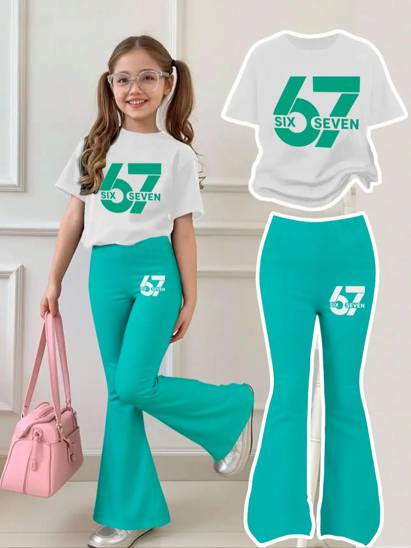 Fresh Mint Green Short-Sleeve Letter-Number Outfit for Girls Aged 4-12, with White Short-Sleeve Top and Mint Green 