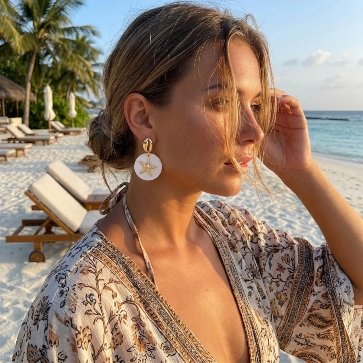 Sommerliche runde Muschel-Seestern-Ohrhänger aus Acryl für Damen und Herren, Boho-Ozean-Strand-Urlaub, Muschel-Quasten-Ohrringe, Party-Schmuck – Detail 9