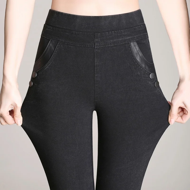 Nowy Skinny wysokiej talii Stretch kobiety czarne ołówkowe spodnie sztuczny Jeans wysokiej talii Plus rozmiar S-5XL dżinsy