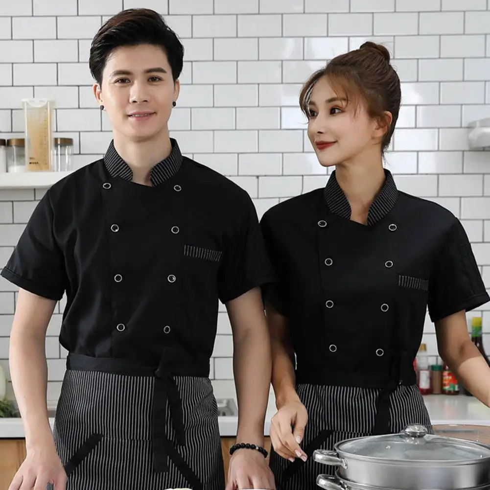 Chef Uniform Women Men Stand Collar Short Sleeve Double Breasted Pocket Service Shirt Summer Kitchen Chef Restaurant Uniform