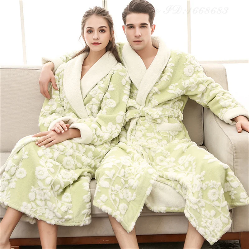 Thick Flannel Jacquard Couple Bathrobe Sleepwear Winter Warm Coral Fleece Long Robe Nightwear Loose Casual Homewear Lounge Wear