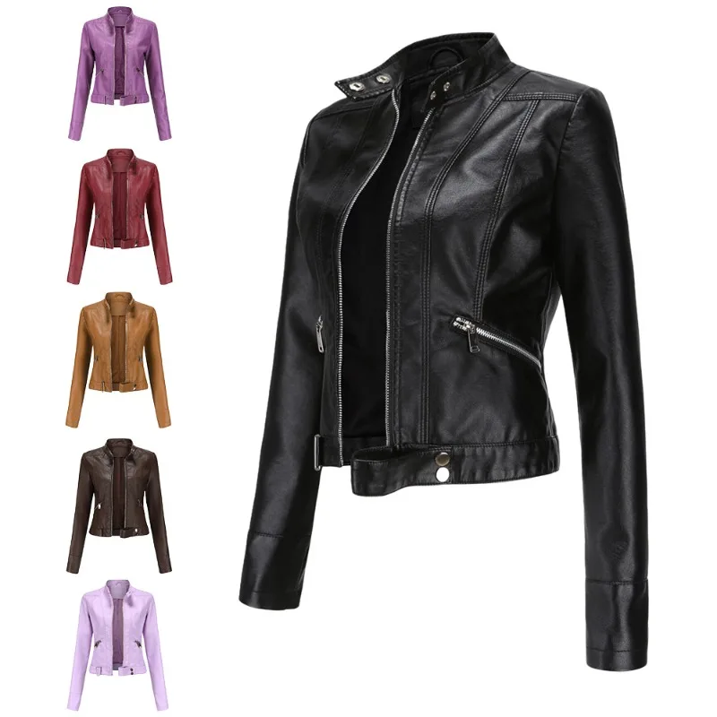 Women's Leather Jacket Spring Long Sleeves Stand Collar Zip Jacket Black Red Coffee Brown Lavender Purple Women's Coat S-XXXL