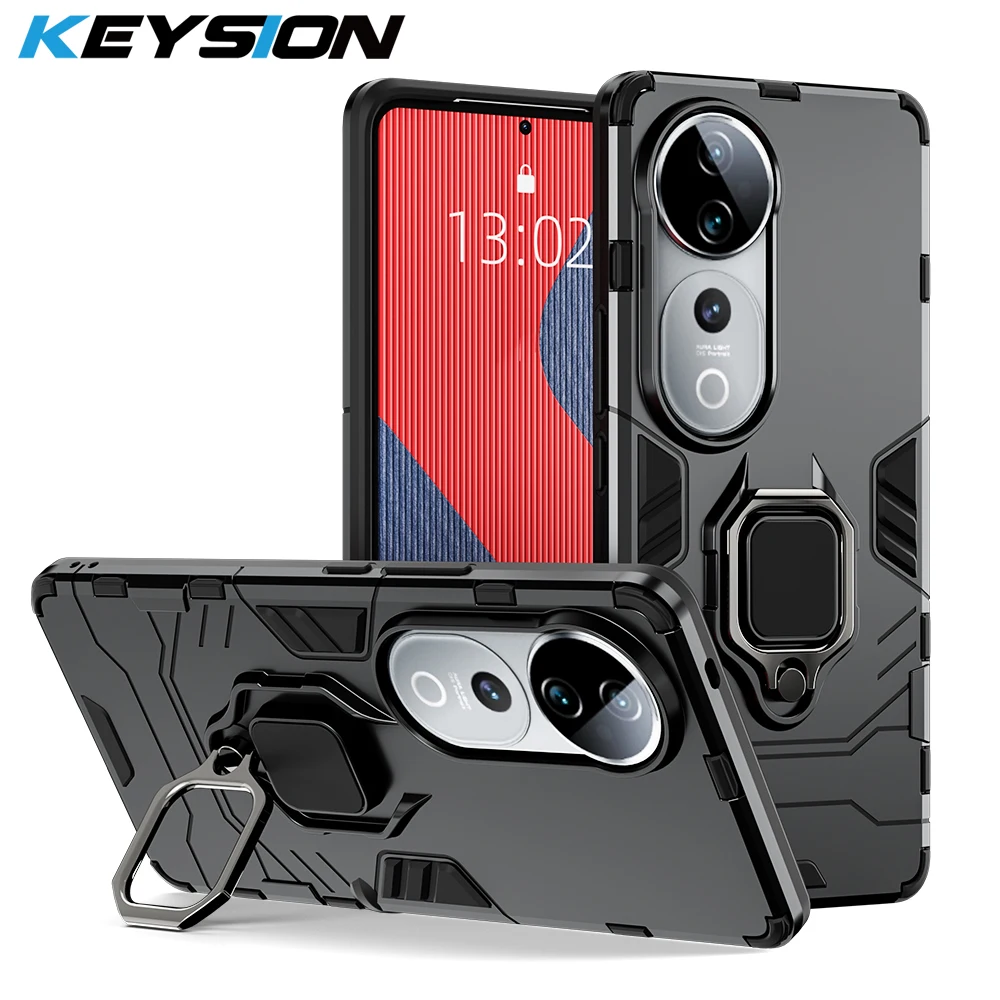 KEYSION Shockproof Armor Case for VIVO V40 5G V40 Pro Soft Silicone+PC Ring Stand Holder Phone Back Cover for VIVO V40 Pro 5G