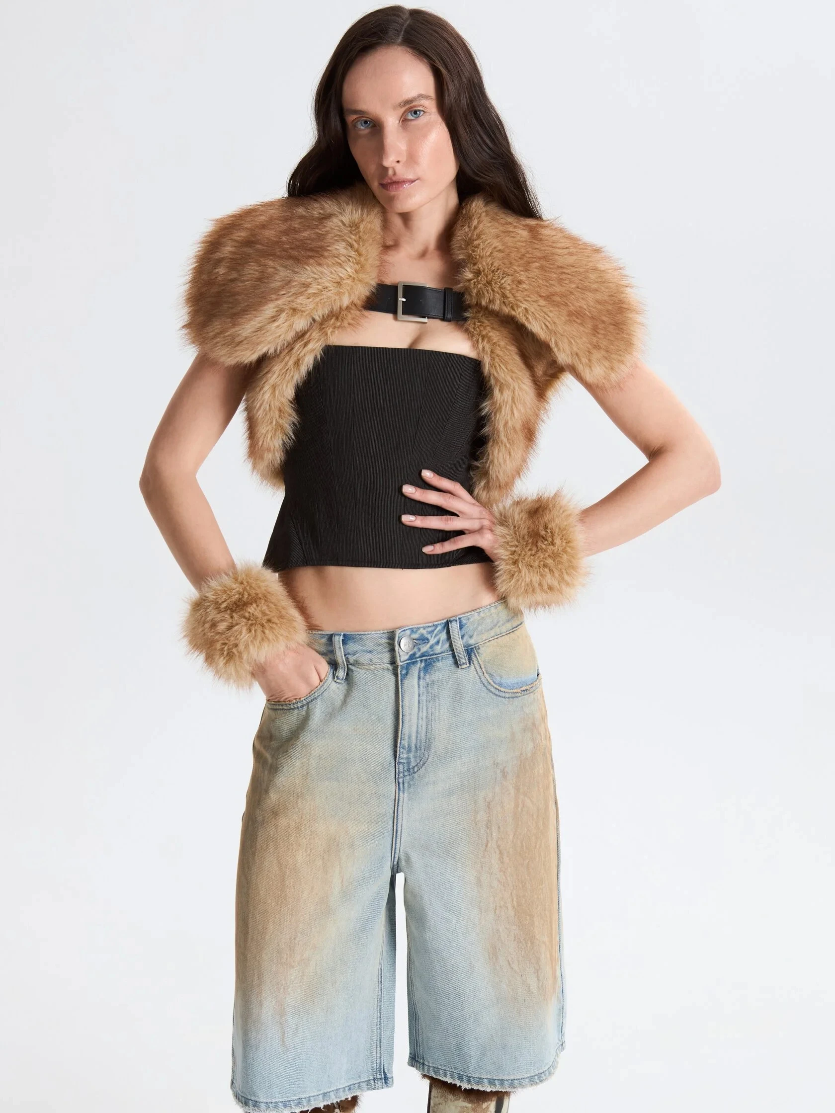 Faux Fur Shoulder Cape With Wrist Cuff Fur Set Women Buckle Strap Short Fur Shrug