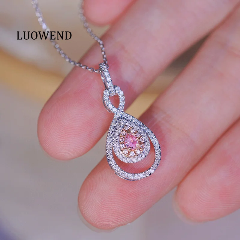 LUOWEND 100% 18K White Gold Necklace Elegant Style 0.35carat Real Natural Pink Diamond Pendant Necklace for Women Party Jewelry