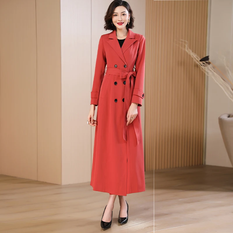

Spring Autumn New Brick Red Long Coat Women's Suit Collar High-end Elegant Slim Fit Outerwear 2025 Fashion Trend 573
