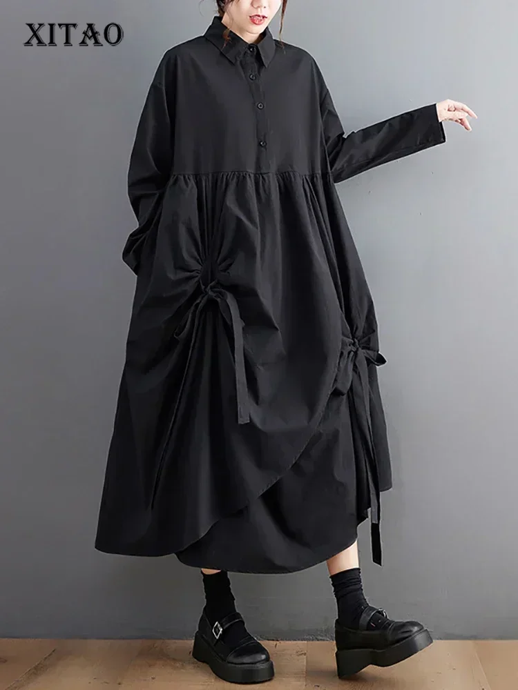 

XITAO Shirring Bandage Asymmetrical Dress Loose Turn-down Collar Solid Color Long Sleeve 2025 Spring Show Thin Vintage DMJ2330