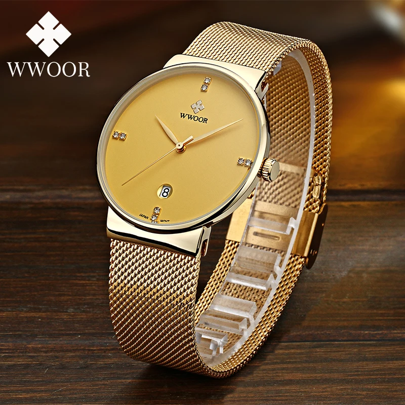 WWOOR Men\'s Watches Top Brand Luxury Gold Male Watches Fashion Waterproof Date Stainless Steel Men Quartz Wristwatch Clock Reloj