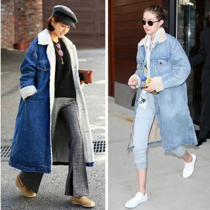 Winter With Velvet Long Denim Coat Woman Full Sleeve Warm Windbreaker Cotton Loose Jean Coats Ladies Vintage Casual Trench