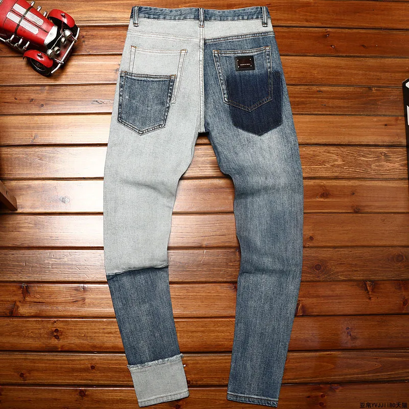 Patchwork patch skinny jeans masculino, personalizado, na moda, slim fit, calça casual motocicleta, primavera e outono