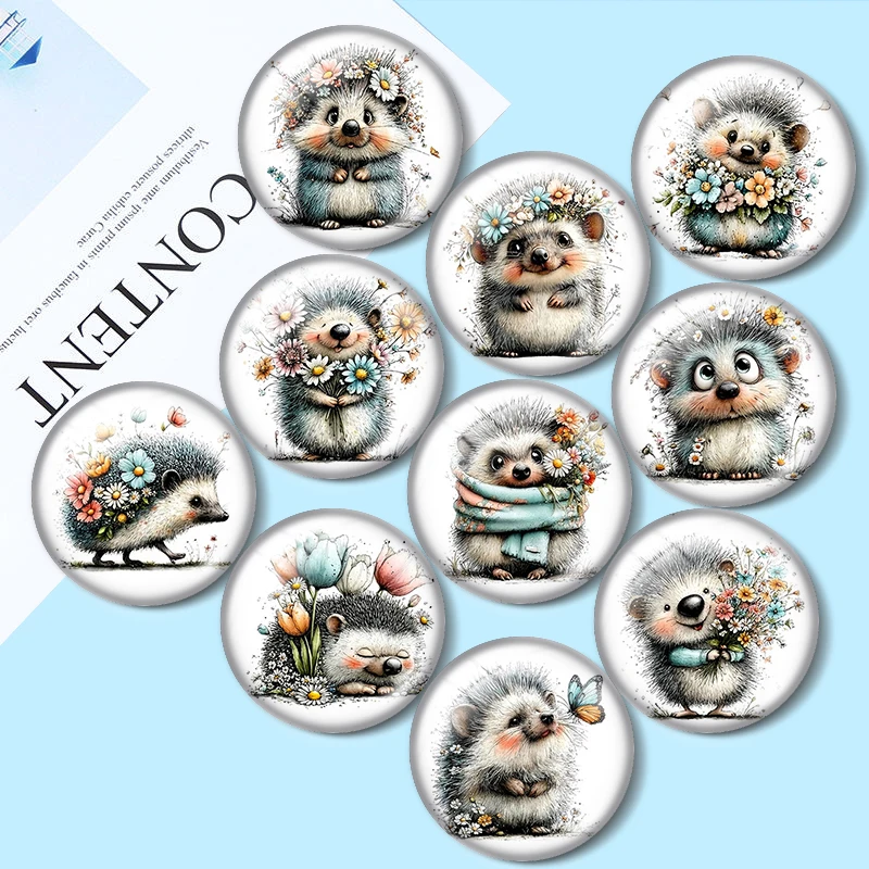 Whimsical Spring Hedgehog 12/18/20/25mm Glass Cabochon Bracelet Pendant Rings for Jewelry Demo Earrings Back Making Findings