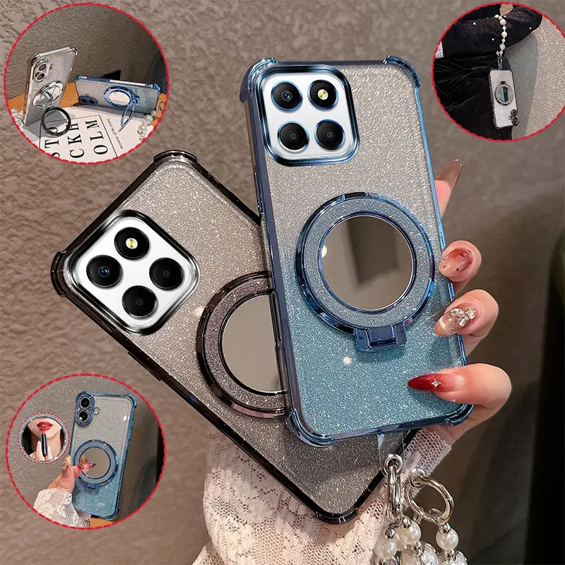 Coque de téléphone avec support miroir et rouge à lèvres scintillant pour Honor X5B Plus Play 9A avec chaîne de perles, anti-chute et antichoc pour femme