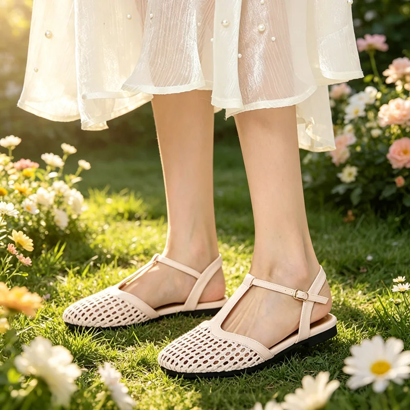 Sandalias planas de mujer para verano, diseño calado tejido a mano, correa en T con hebilla, estilo romano retro, transpirables, versátiles, adecuadas para el uso diario, ropa informal, sencillas y cómodas, tacón bajo, pie completamente cubierto, sandalias sin cordones.