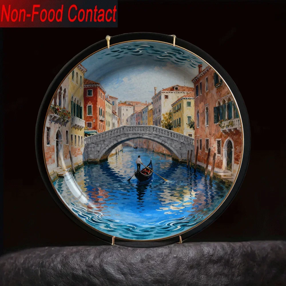 2D Flat, 1pc Large 21-Inch Round Ceramic Decorative Plate - Venice Canal Landscape Hand-Painted Design, Non-Food Contact,