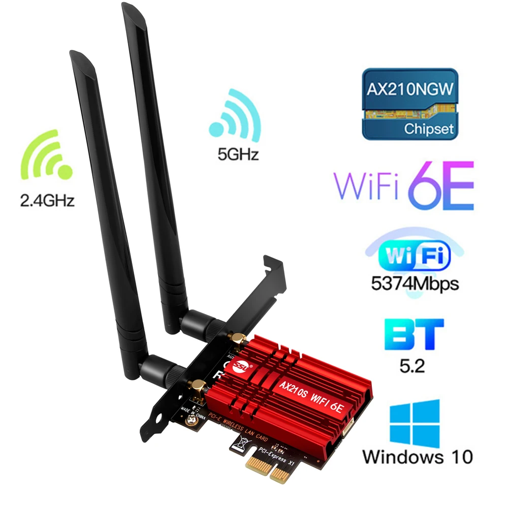 

5374Mb WiFi 6 PCIE Wireless WiFi Adapter Bluetooth 5.2 Intel AX210 Tri Band 2.4G/5G/6Ghz PCI Express 802.11AX Wi-Fi Network Card