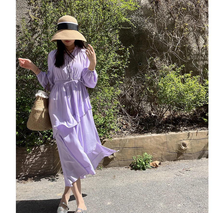 

Romantic Spring Long Sve Gown with Lace Collar Bow Tie Lantern Sve Asymmetrical Hem A-Line Skirt for Commute