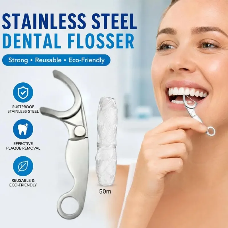 Stainless Steel Reusable Toothpick Dental Floss Pick, Flossing Holder Set Portable Teeth Cleaning Tool For Oral Hygiene