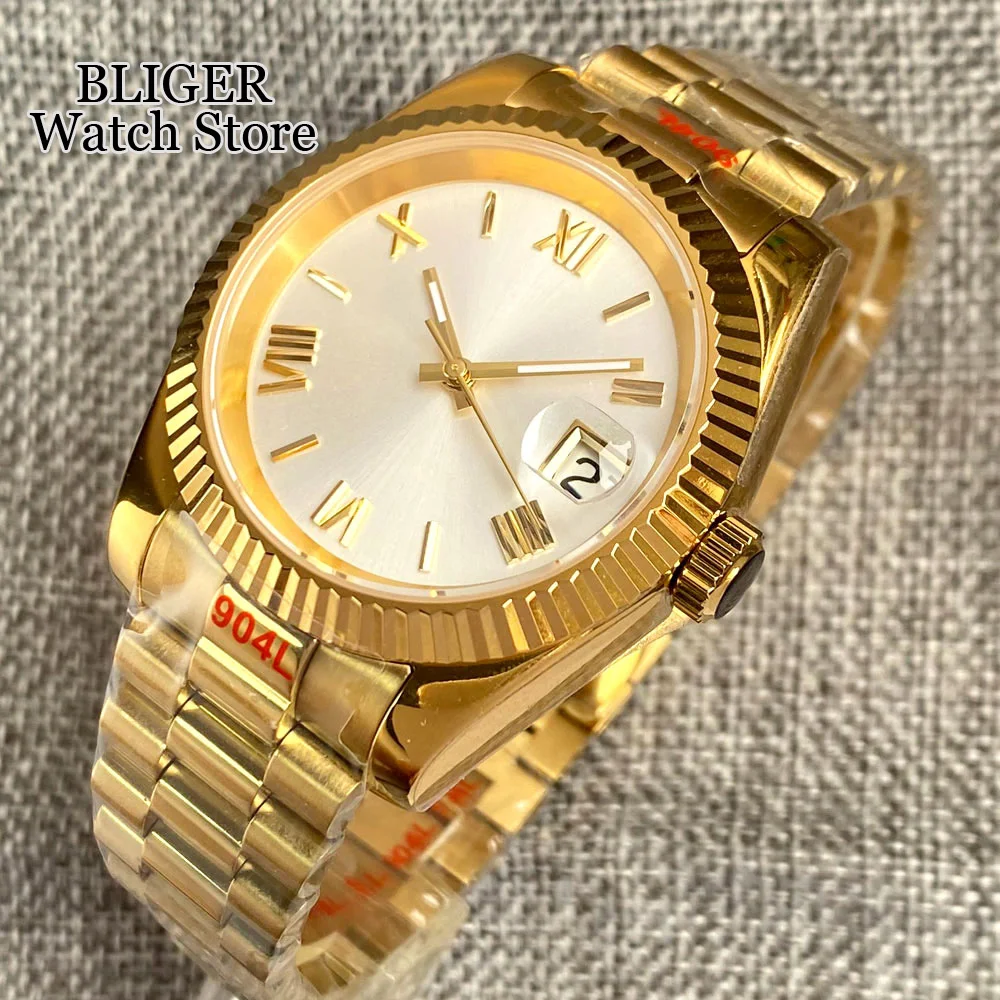 BLIGER 36mm 39mm Polished Fluted Bezel NH35A Automatic Men Watch Gold Roman Numbers Silver Dial Steel Bracelet Sapphire Glass