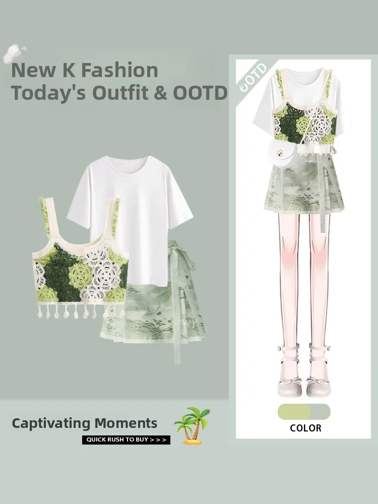 

Dopne Summer Outfit Women's New Sle Strapl High Waist ort Skirt Base Top Tee-piece Set round Ne ort Sve