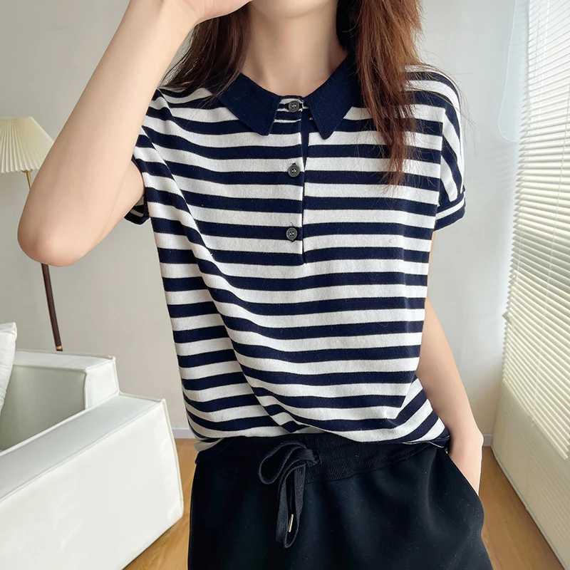 Pure Cotton Striped T-Shirt For Women Summer Thin Casual Versatile Loose Fit Wi… - Image 5