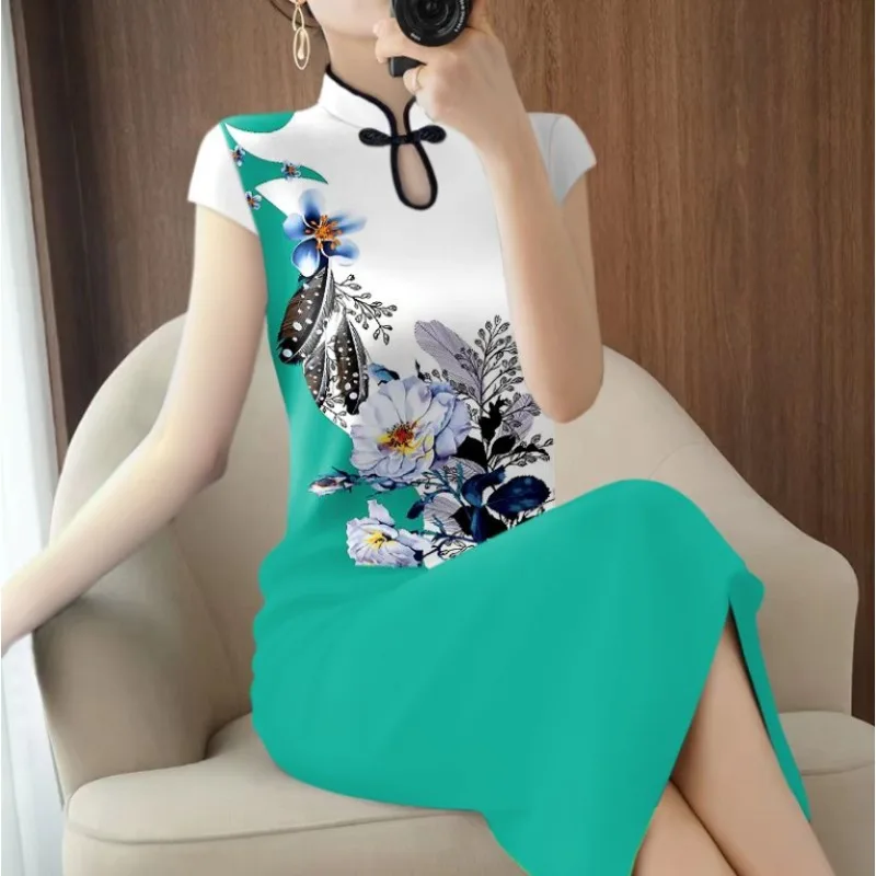 2024 Summer New  Mid Length Improved Cheongsam Dress  Minimalist Print Lining Cover The Belly Noble and Stylish Mid Length Skirt