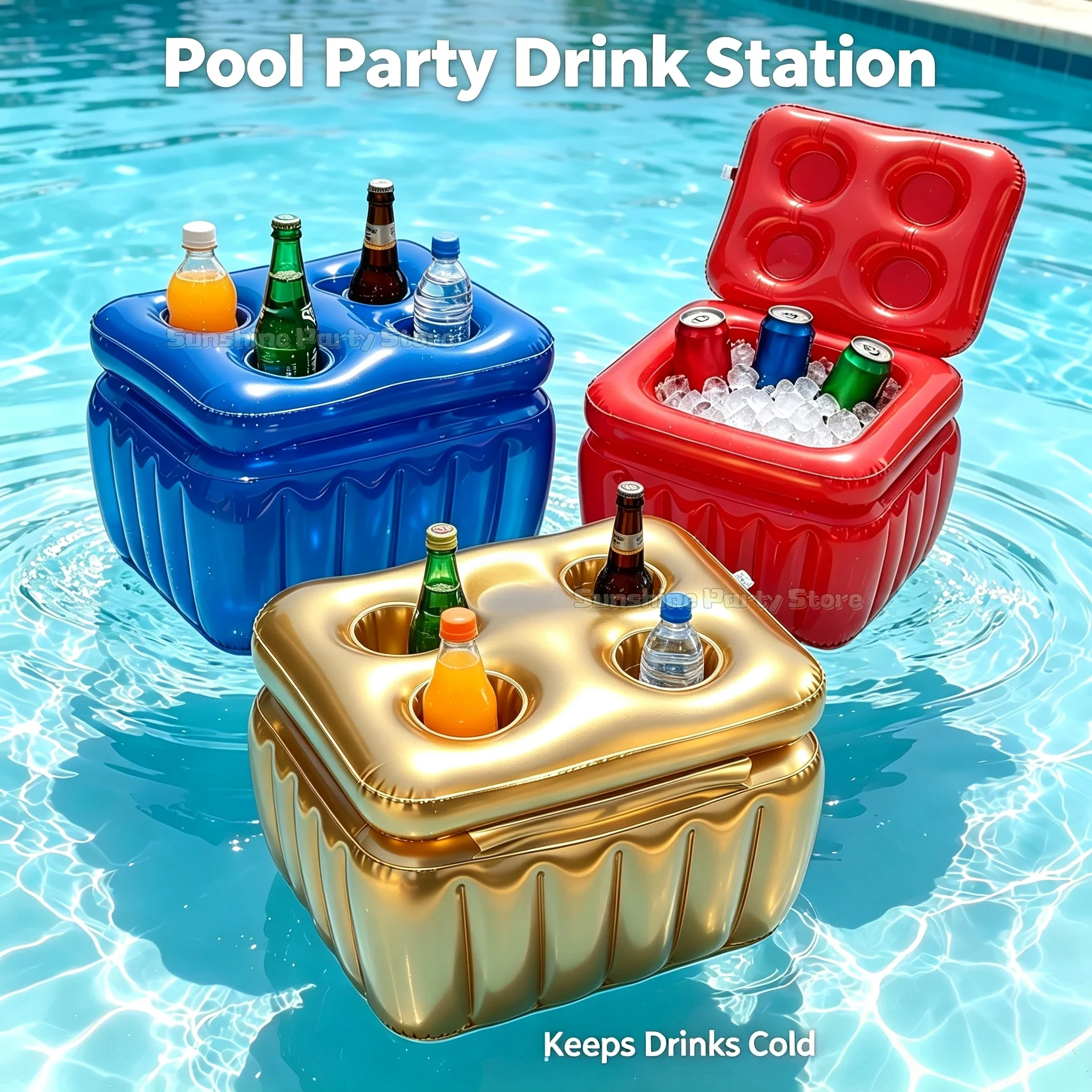 Floating Inflatable Cooler Box with 4 Cup Holders, Portable Pool Drink Cooler for Beach Camping Picnic Outdoor Party Gatherings