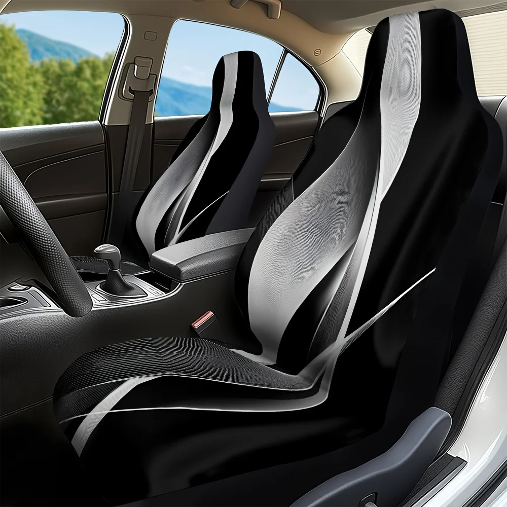 2pcs, Front Seat Cover With Abstract Black White Lines Print, Fit Most Of Vehicles, Improves Ride Comfort And Suitable For All S