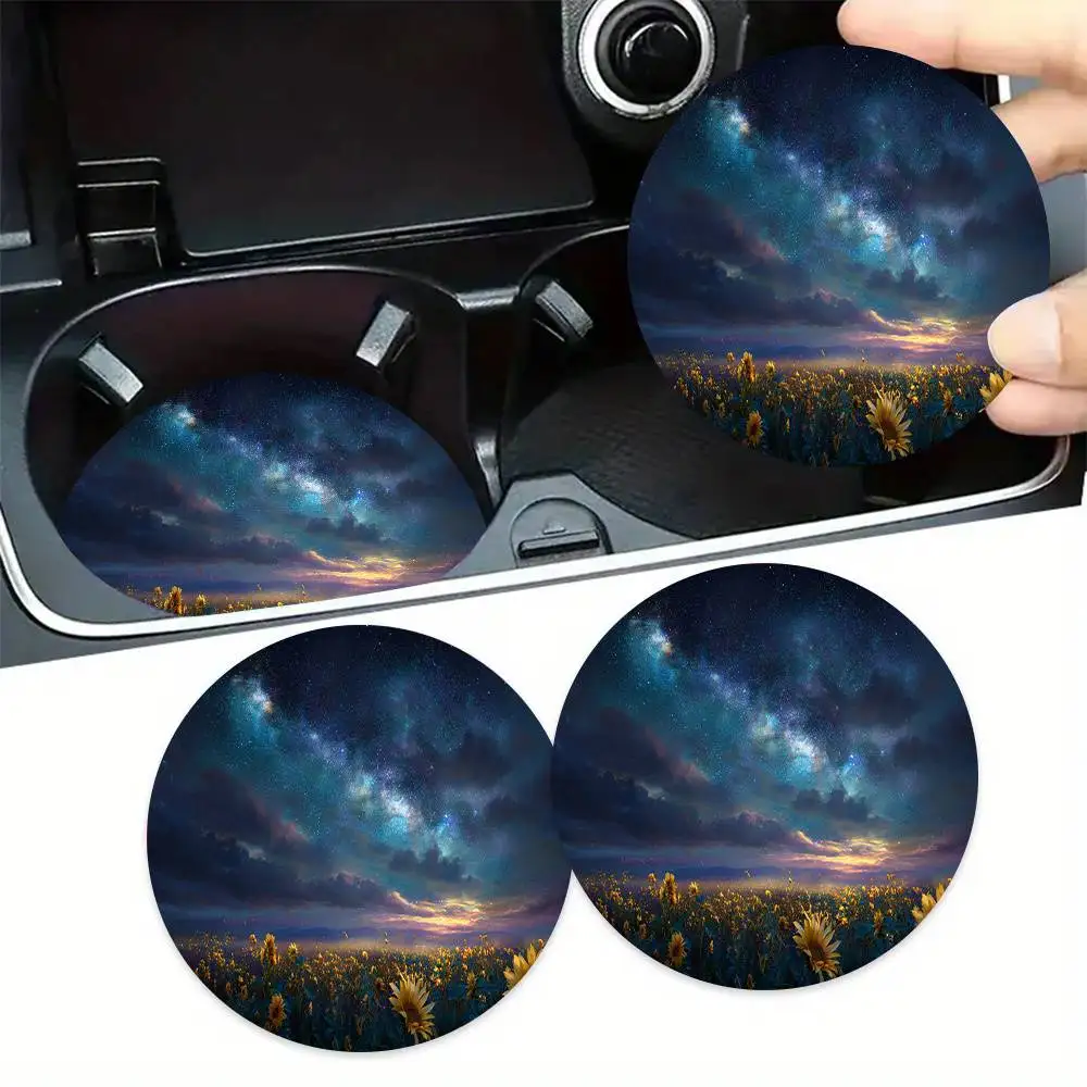 Space Sunflower Field Absorbent Car Coasters 2pcs. For Car & Home Desk Christmas Halloween Birthday & Party Gifts.