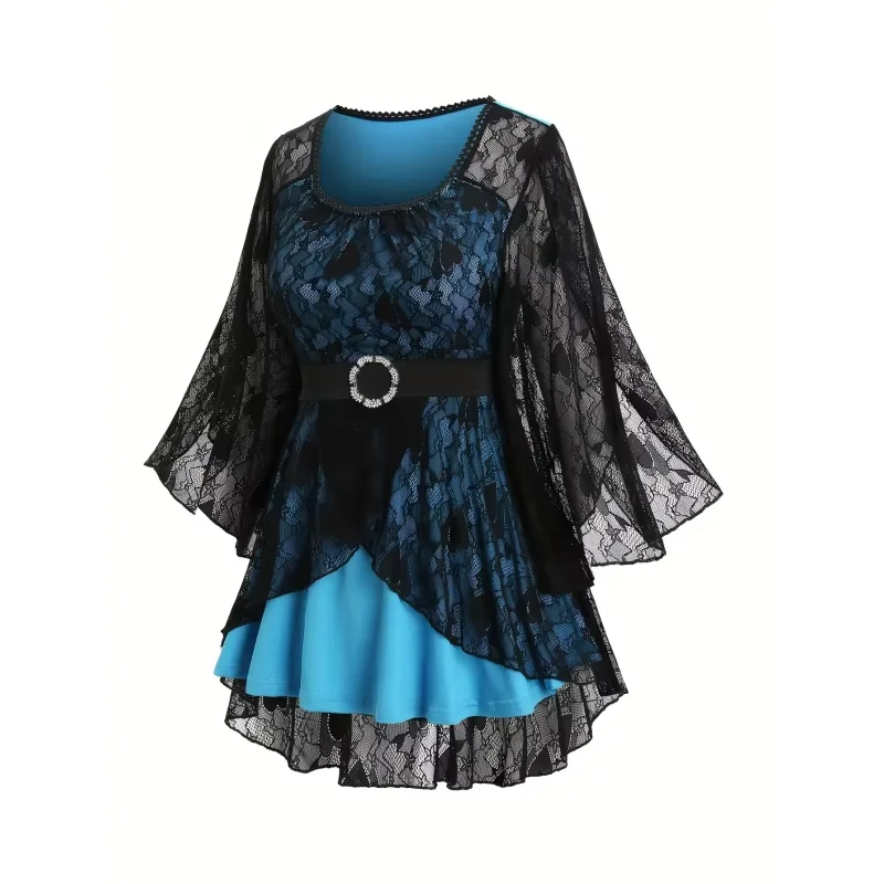 

plus Size Girls Retro Gothic Top with Contrasting Lace Flared Sleeves Rhinestone Waist Seal Slimming Blue And Black